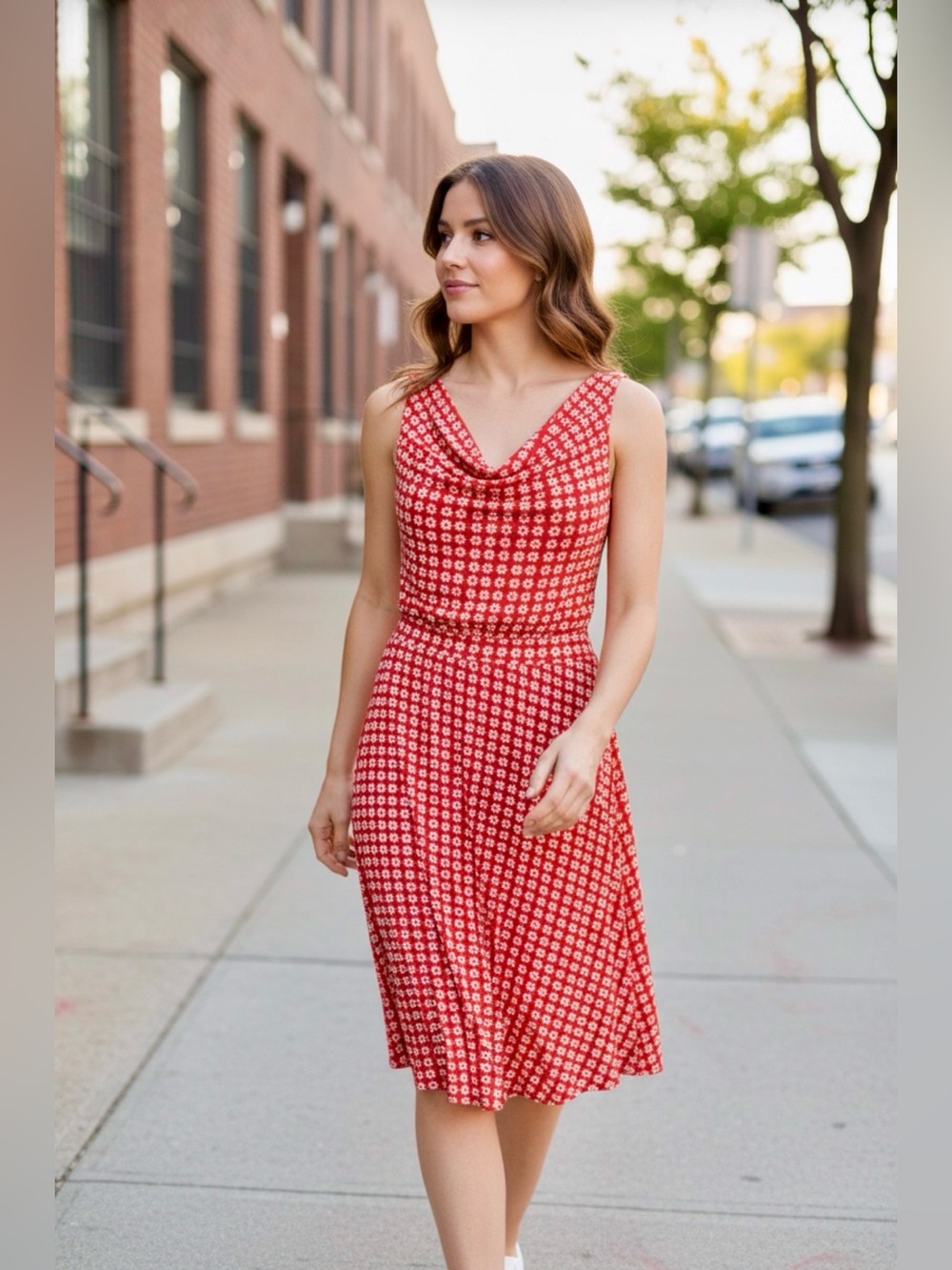 Anthropologie Maeve Brianne Cowl Neck Midi Dress Tangerine Orange Daisy Size XS